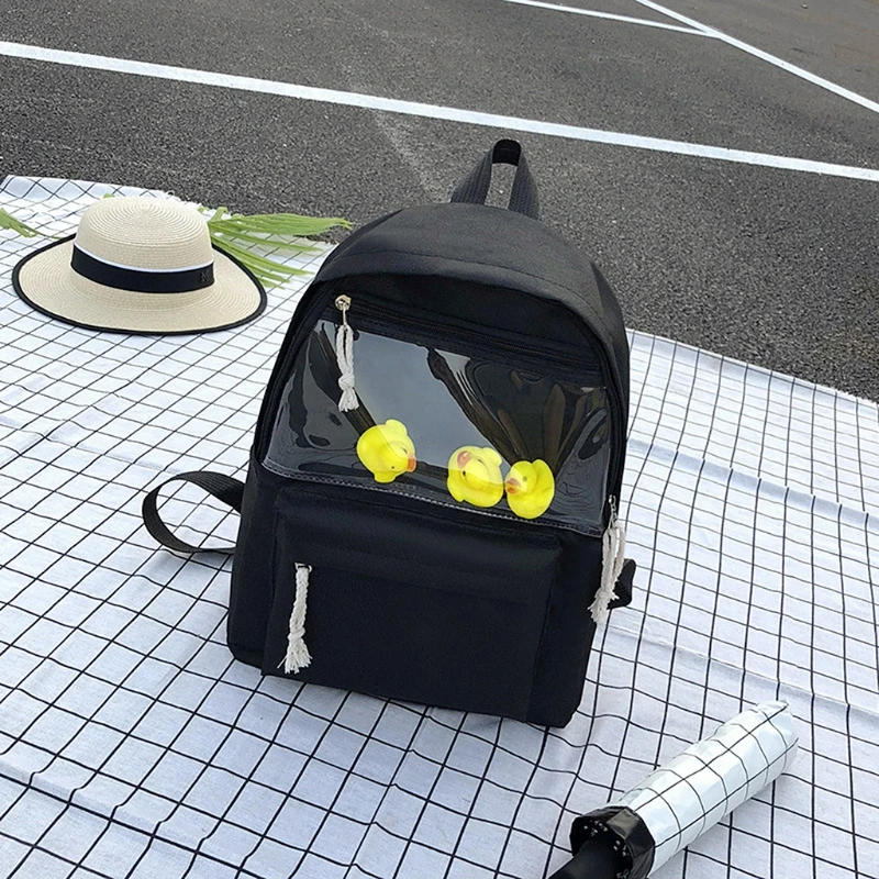 Женский холщовый студенческий рюкзак, прозрачная школьная сумка для девочек, сумка для книг с игрушечной уткой