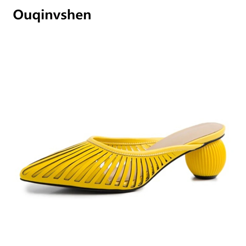 Ouqinvshen Hollow Cow Leather Women Shoes 2019 Plus Size Sexy Strange Style Yellow Women Mules Pointed Toe Women Summer Slippers Ouqinvshen Hollow Cow Leather Women Shoes 2019 Plus Size Sexy Strange Style Yellow Women Mules Pointed Toe Women Summer Slippers