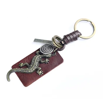 

2019 Fashion Jewelry Vintage Handwork Weave Genuine Leather Lizard Gecko Tower Keychain Charm Alloy Accessories Men Key Chain