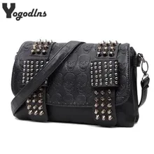 2017 new fashion Women Black Leather Messenger Bags Fashion Vintage Messenger Cool Skull Rivets Shoulder Bags sac a main bolsa