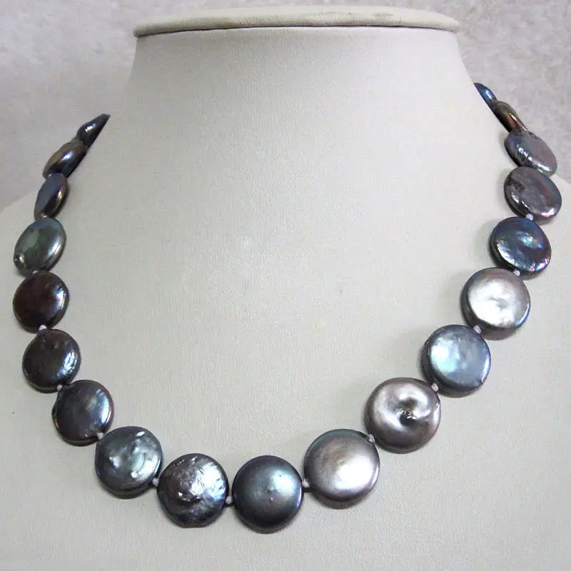 

FREE SHIPPINGGenuine 13-14MM Black Coin Pearl Necklace Chain Jewelry AAA