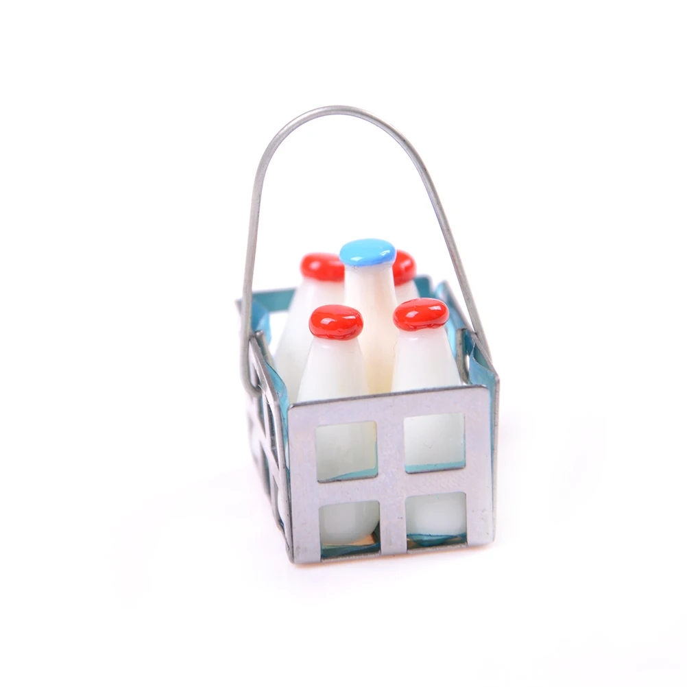 Dollhouse Furniture Miniature Metal Milk Basket with Bottles Set Dolls House Kitchen Porch Accs Decor Doll Accessories 5pcs 1/12