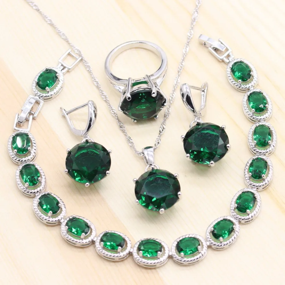 Vintag Green Stones Jewelry Sets For Women Round Shape Wedding Ring