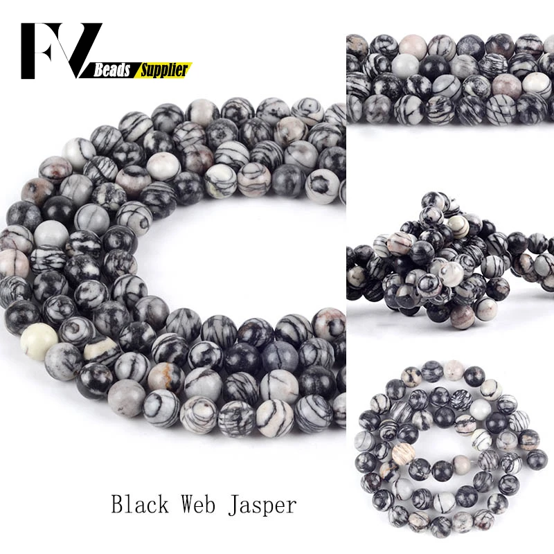 

Natural Black Web Jaspers Round Beads for Jewelry Making 4mm-12mm Semi Precious Stones Gem Beads Diy Women Bracelet Accessories