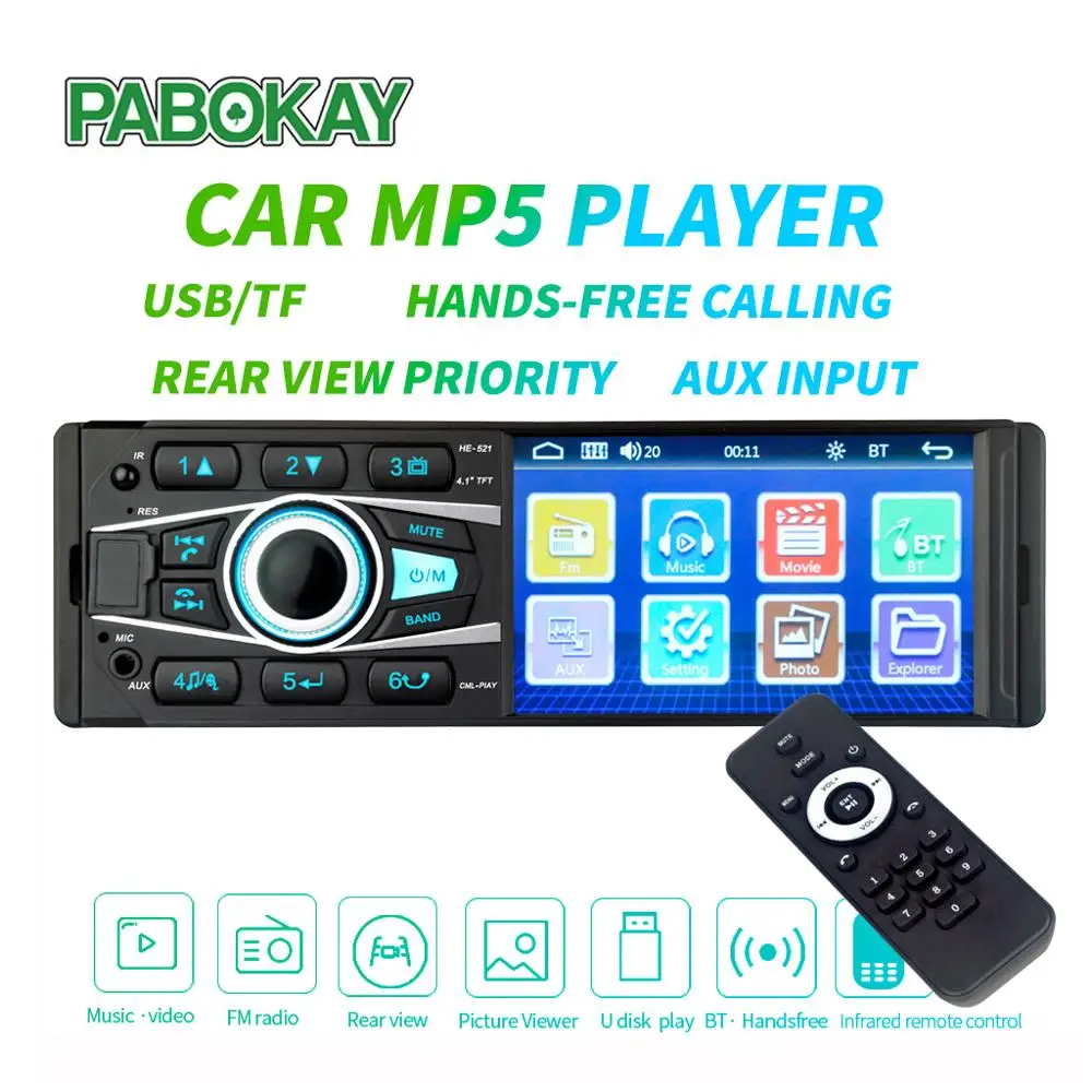 

HE521 4.1Inch Single DIN Bluetooth Car AM FM Radio Stereo USB AUX Input In Dash Head Unit Car MP5 Player with Microphone