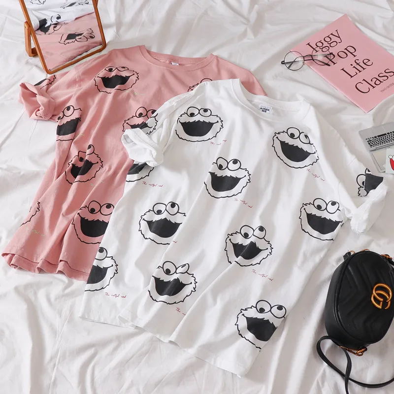 الكورية kawaii الوردي الأبيض T قميص المرأة قصيرة الأكمام يا الرقبة تي شيرت الصيف جديد قمم عارضة المحملة قميص أوم المتناثرة المرأة التي شيرت