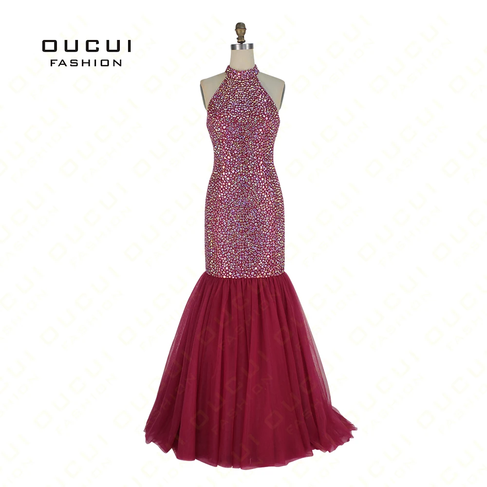 

Mermaid Red Color Sexy open Back Handwork Long Evening Dress Party Halter Formal Dresses OL102880 Real Photos Full Crystal 2019