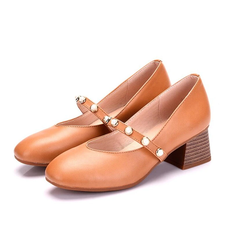 

Fashion Spring Split Leather Shoes Square Toe Shallow Women's Pumps Slip On Pearl Medium Heels Shoes For Ladies Wedding Shoes OL