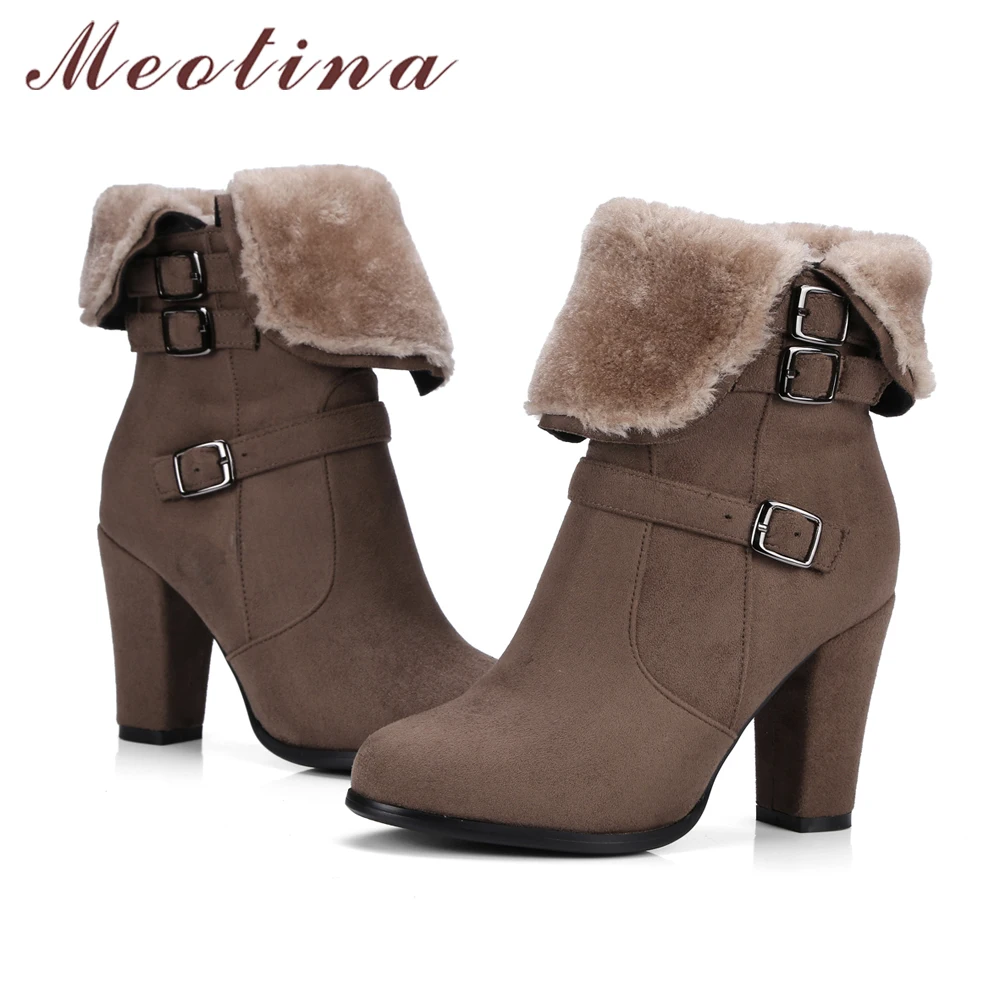 Meotina/зимние женские ботильоны; меховые ботинки на высоком каблуке с пряжкой; роскошная женская обувь на молнии с квадратным каблуком; цвет серый, черный; большие размеры 34-43