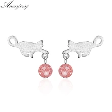 Anenjery милый кот натуральный Клубника Кристалл Лунный камень 925 пробы серебряные серьги для женщин S-E728