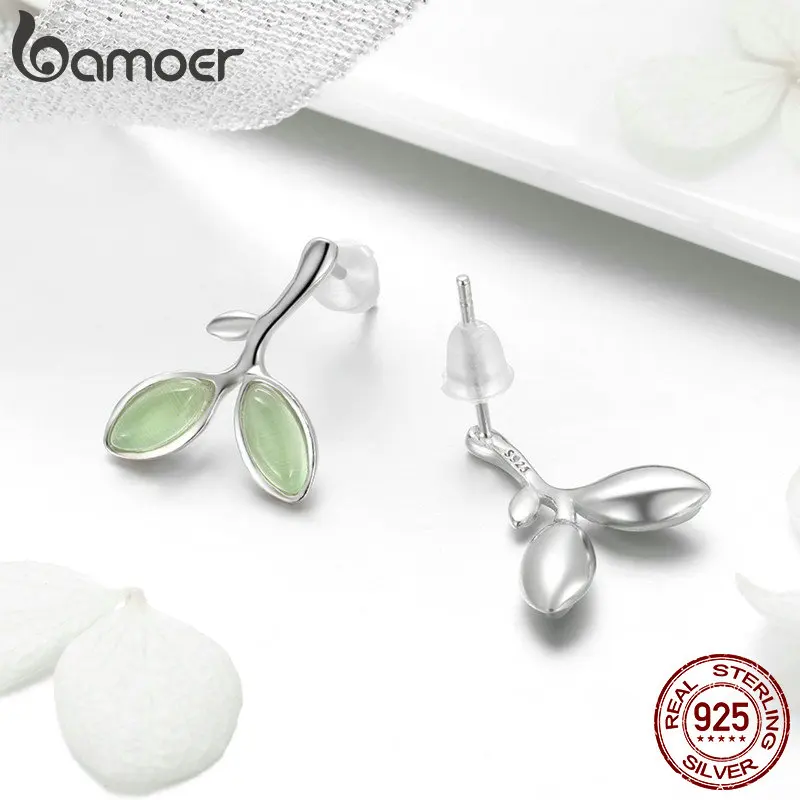BAMOER Real 925 Sterling Silver Hope Leaves Tree Green Buds Small Stud Earrings for Women Authentic Silver Jewelry SCE465 - Image 3