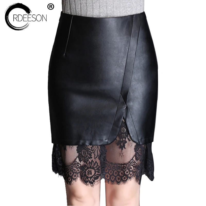 ORDEESON Knee length Skirts Lace Patchwork Leather Skirt Plus Size Faux Leather Winter Black