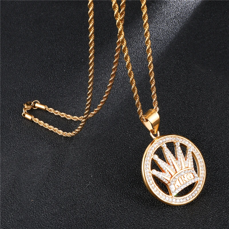 

Bling Full CZ Crystal Round Crown Pendant Necklace Stainless Steel KING Letter Hip Hop Jewelry For Men