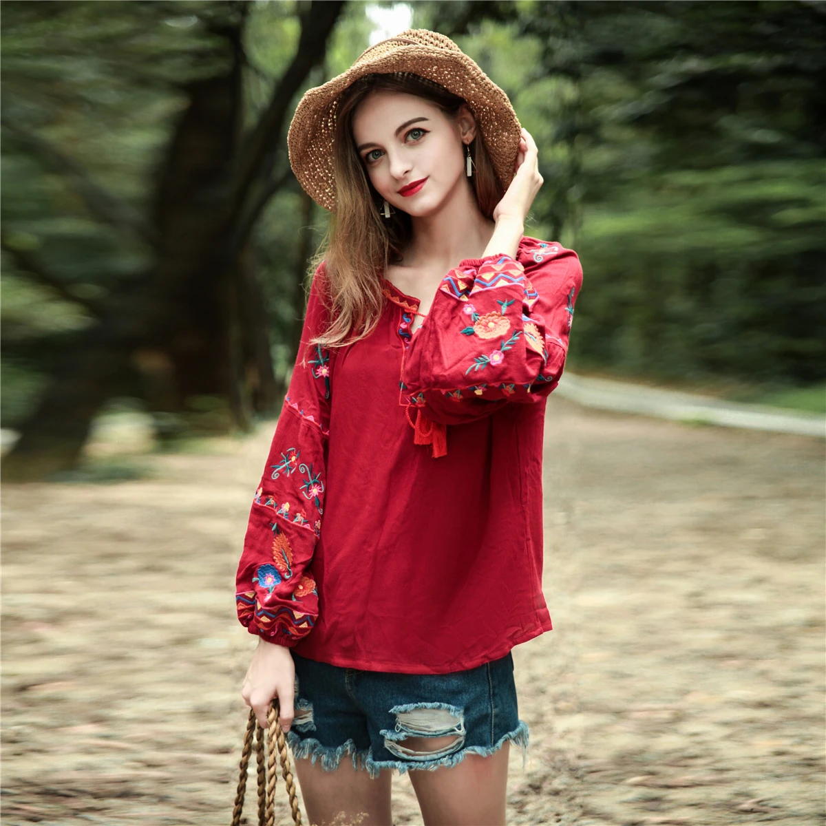 

Khale Yose Autumn 2018 Floral Embroidery Lantern Long Sleeve Shirt Tassel Womens Tops Blouses Boho Hippie Cotton Ladies Blouse