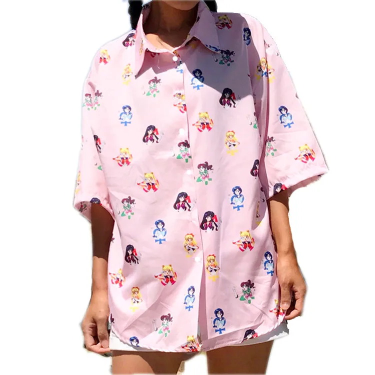 Японская розовая блузка для девочек в стиле Харадзюку, аниме, Сейлор Мун, с принтом, короткий рукав, свободные рубашки, женская одежда, милые топы в стиле каваи