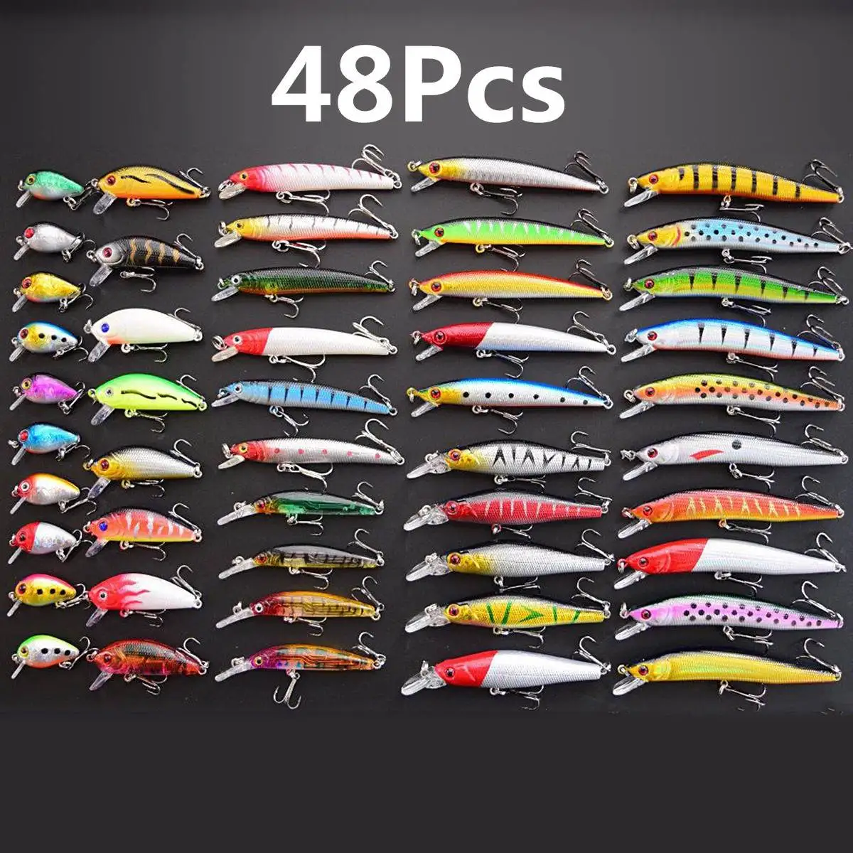 

48Pcs Multi Colors Mixed Models Fishing Lures Baits Floating Minnow Fish Lure Crankbait Tackle Set