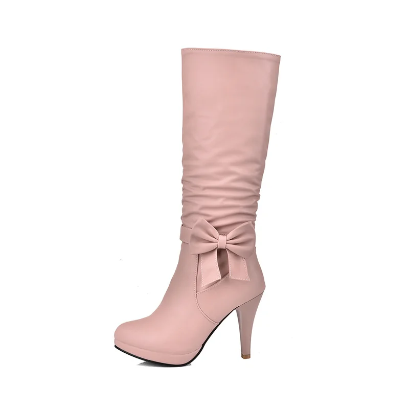Cena NASBAVI jesień i zima nowa moda PU skóra pluszowe podszewka Bow węzeł okrągły palec u nogi kobiet z boku na zamek błyskawiczny w połowie buty na obcasie wysokie obcasy