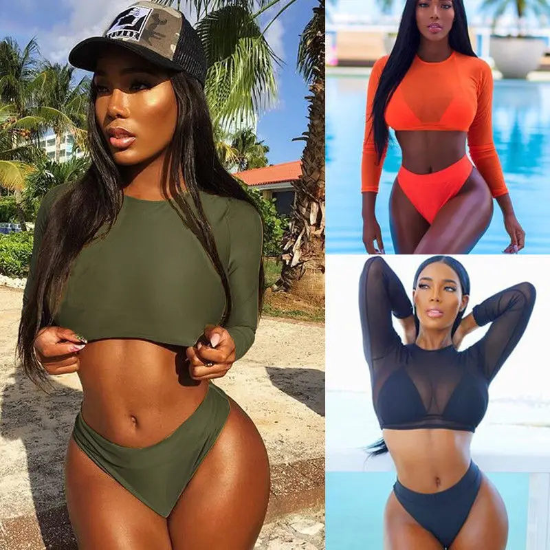 

3 Pcs Solid Women Push Up Brazillian Bikini Set with See Through Mesh Cover Up Top