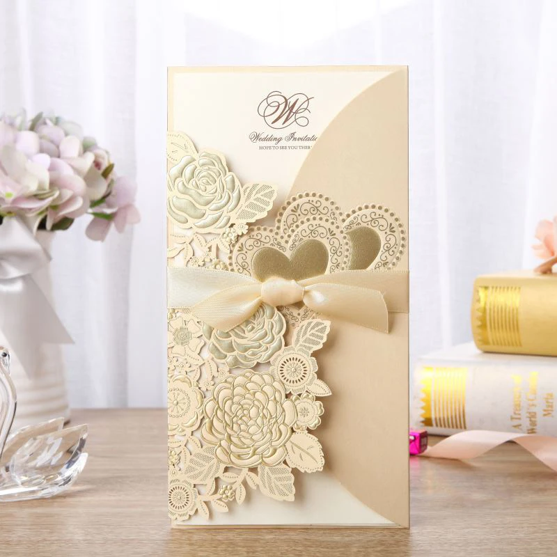 1pcs Gold Laser Cut Wedding Invitations Card Rose Heart