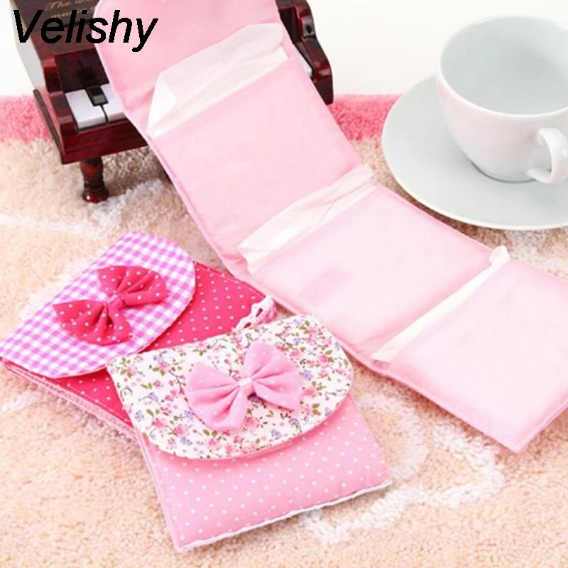 Velishy Cloth Menstrual Pads Menstrual Bowknot Cotton Sanitary Towel Napkin Pad Purse Holder Easy Bag Random Color