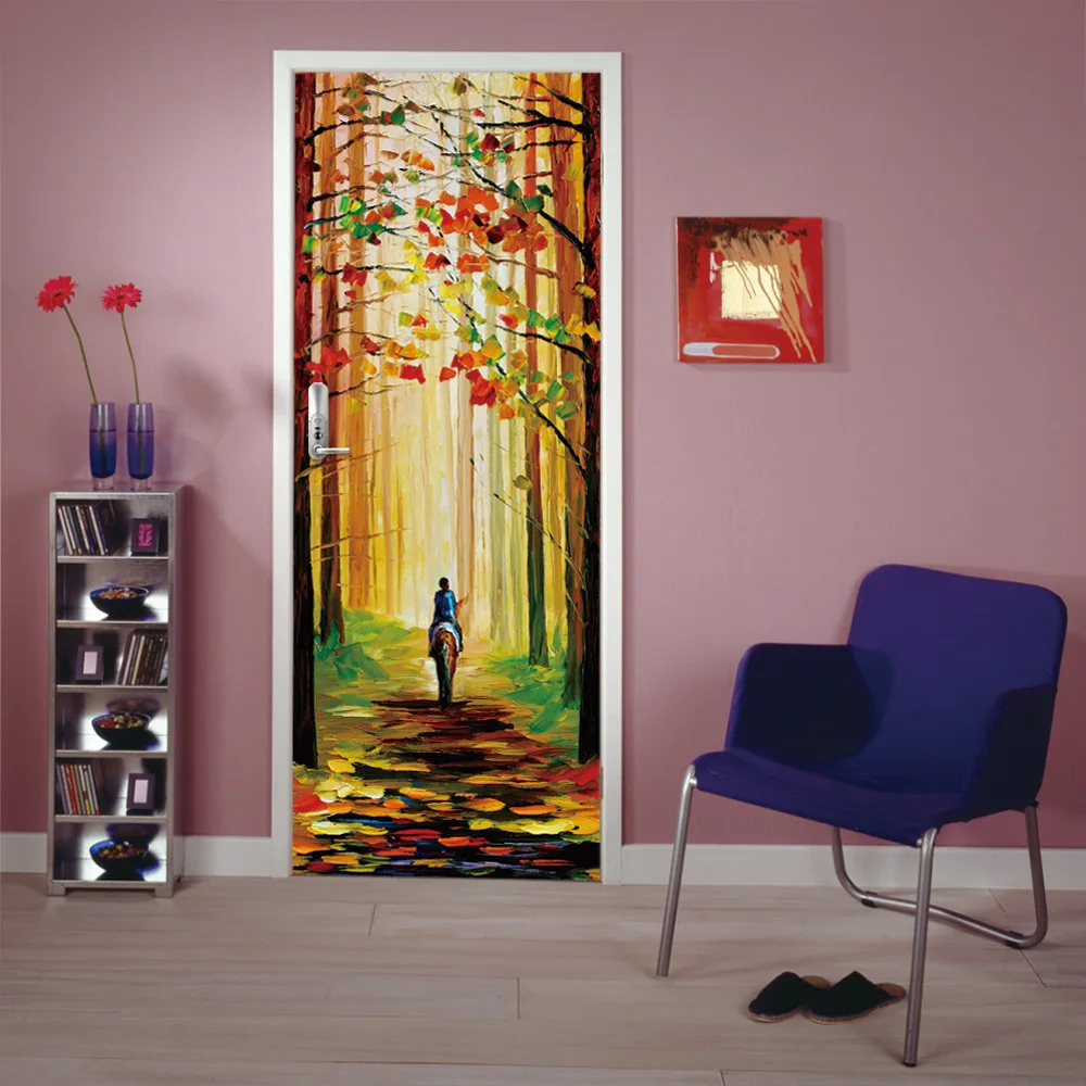 2 Panels Riding Horse In Spring Woods Way Wall Murals Stickers Door Sticker Wallpaper Decals Home Decoration | Дом и сад