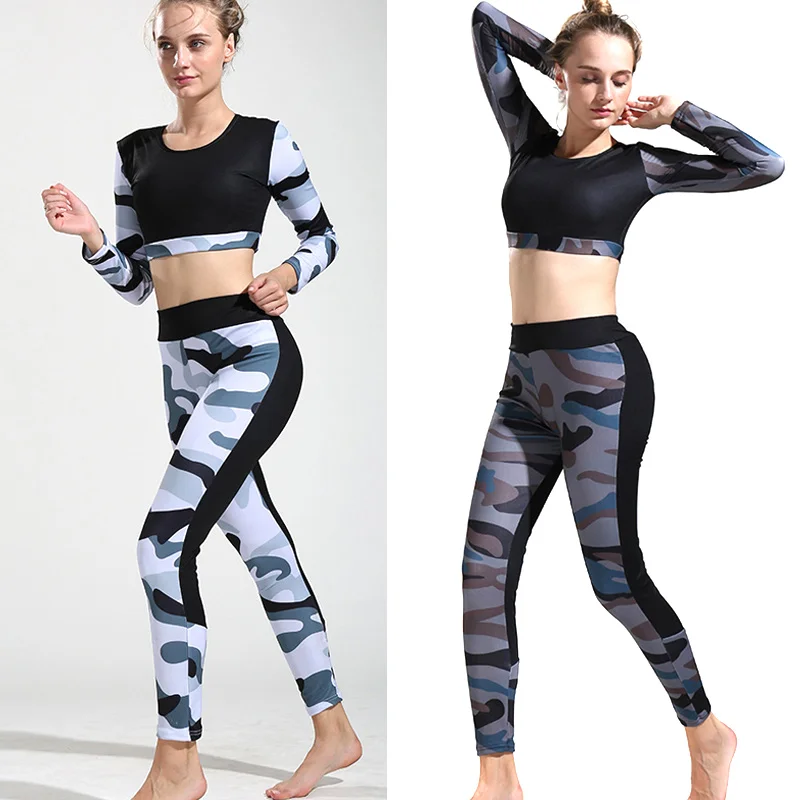 

Women Yoga Camouflage Training Long Sleeve Sport Tops+Long Slim Elastic Leggings Set ALS88