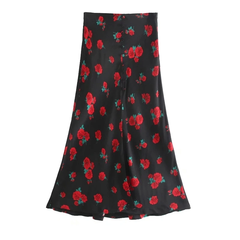

2019 Women vintage flower print buckles a line skirt faldas mujer ladies side zipper casual slim chic skirts QUN359