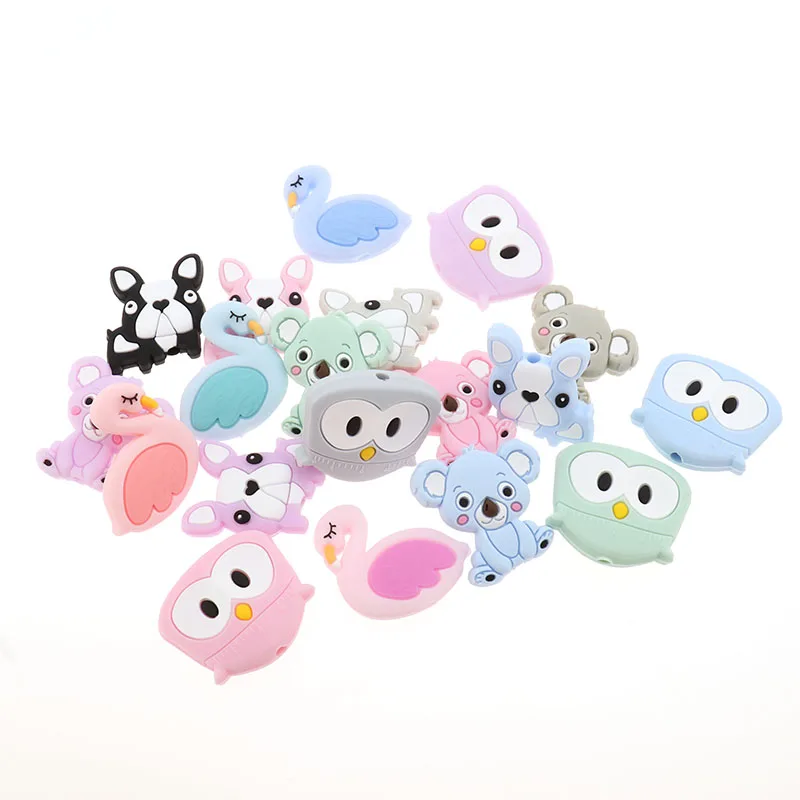 FKISBOX 20PCS 실리콘 Teething 구슬 백조 Chewable  Teether 목걸이 구슬 플라밍고 DIy Pacifier 체인 Cuentas Silicona