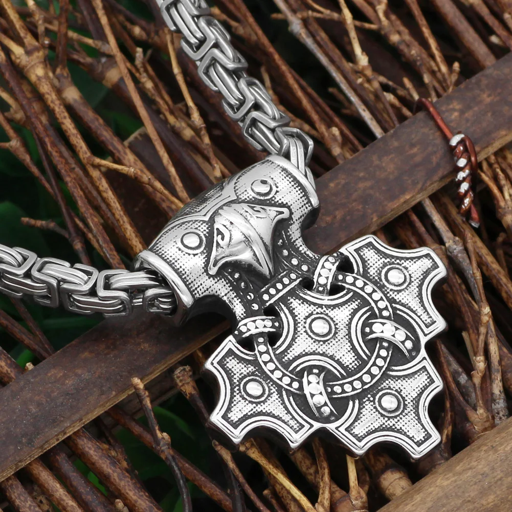 

Nordic viking odin raven thor hammer Mjolnir stainles steel pendant necklace