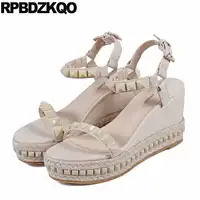 Summer Slingback Shoes Fashion Stud Ladies Pumps Women Wedge Platform Sandals Beige Espadrilles Open Toe Rope Strap Fetish Rivet