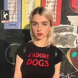 J'adore собак укороченные футболка черный короткий рукав укороченный топ для Для женщин 2018 новые летние с круглым вырезом Письма Печать