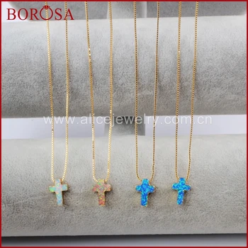 

BOROSA Design New 5PCS Gold Color Cross White and Blue Japanese Opal Pendant Necklace, Hot Man-made Opal Pendant Necklace G1491
