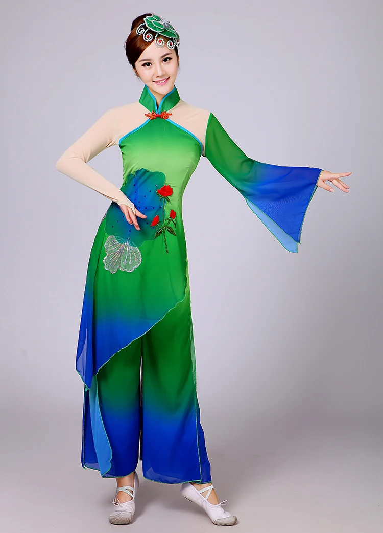 Топ Мода Специальное предложение полиэстер Древний китайский костюм Disfraz Yangge веер танцевальное платье зонтик классические костюмы - Цвет: Green