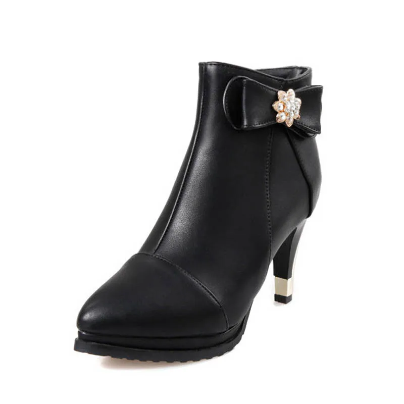 

Fashion Bow Platform High Heels Women Ankle Boots Sexy Pointed Toe Rhinestone Winter Boots For Women Size 34-48 Riding Boots