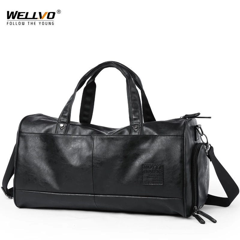 US $44.38 Men Leather Travel Bag Large Duffle Independent Shoes Pocket Male Big Fitness Bags Handbag Luggage Shoulder Bag Black Xa290zc