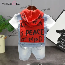 Комплект летней одежды из 3 предметов для мальчиков, WLG, синий джинсовый рваный жилет, белая футболка с надписью и шорты с дырками, комплект повседневной одежды для малышей