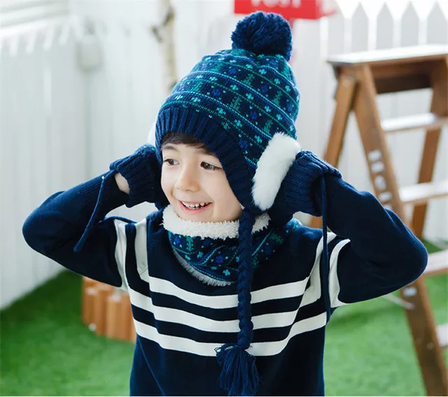 Children hats scarf gloves three piece warm autumn winter boys girls