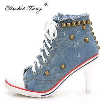 

ElisabetTang Women Canvas Shoes Denim Black High Heels Rivets Shoes Fashion Shoe Leisure Lace Up Women Short Boots Size 34-40