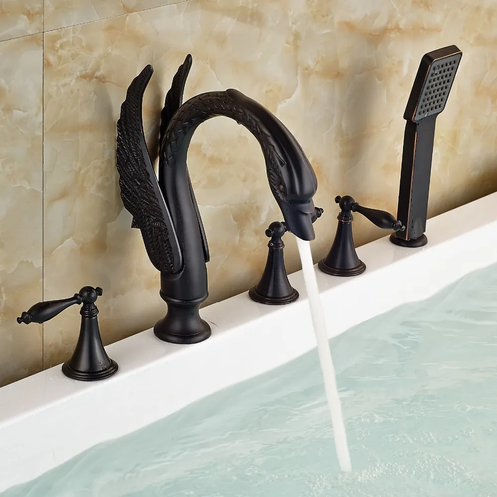 Oil Rubbed Bronze Widespread Bathroom Swan Shape Tub Faucet Deck Mount