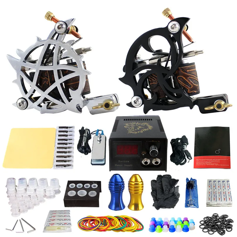 

Complete Tattoo Kit Pro 2Pcs Stamping Casting Coil Tattoo Machines Power Supply Needles Tips Grips Tattoo Supplies For Body Art