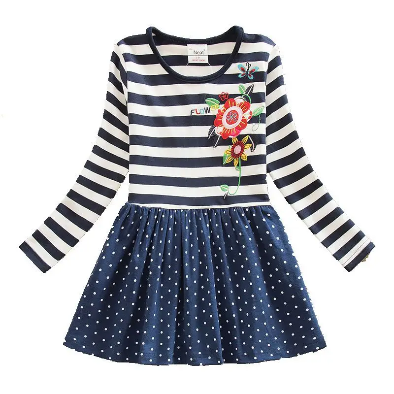 

Girls Baby Long Sleeve Dress Autumn Hot Kids Wearing Cotton Embroidered Polka Dot Casual Round Neck Girl Long Sleeve Dress L5908