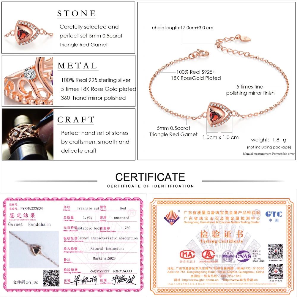 LAMOON Triangle Gemstone 5mm Garnet S925 Bracelets & Bangles 925 Sterling Silver Fine Jewelry Rose Gold Color For Women LMHI040
