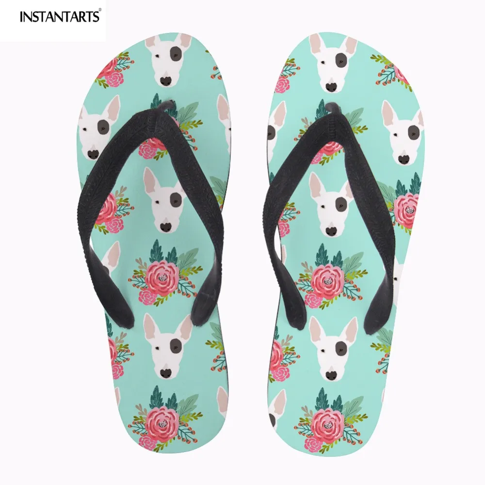

INSTANTARTS Women Casual Flower Floral Design Summer Slippers Shoes Cute Animal Bull Terrier Print Woman Girl Beach Flip Flops