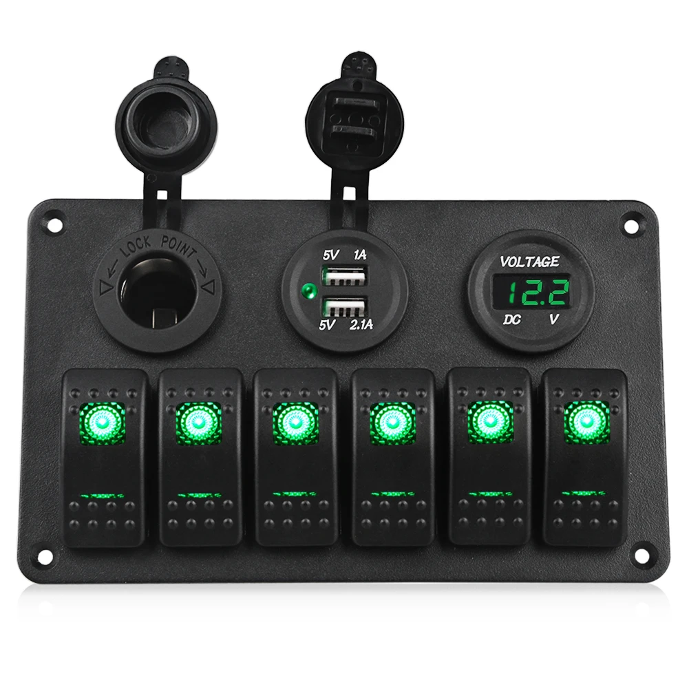 

Waterproof Led Switch Panel Yacht Marine Boat Car 6 Gang Cigarette Lighter Socket Dual Usb Charger Voltmeter Rocker Switch Panel