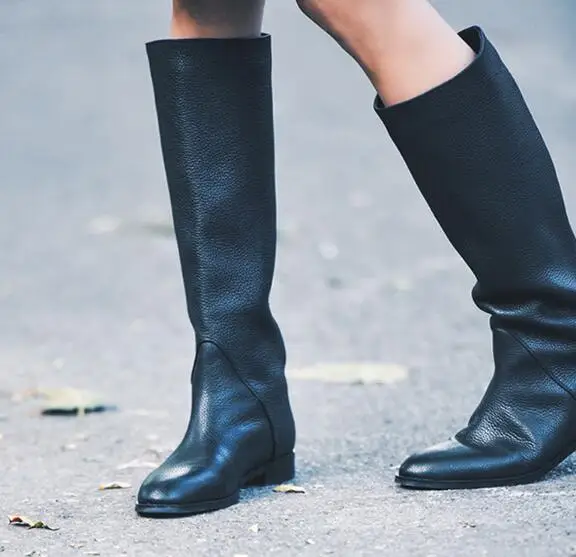 Женские черные сапоги до колена с круглым носком, женская зимняя обувь на плоской подошве в стиле ретро, Винтажная обувь, женские высокие