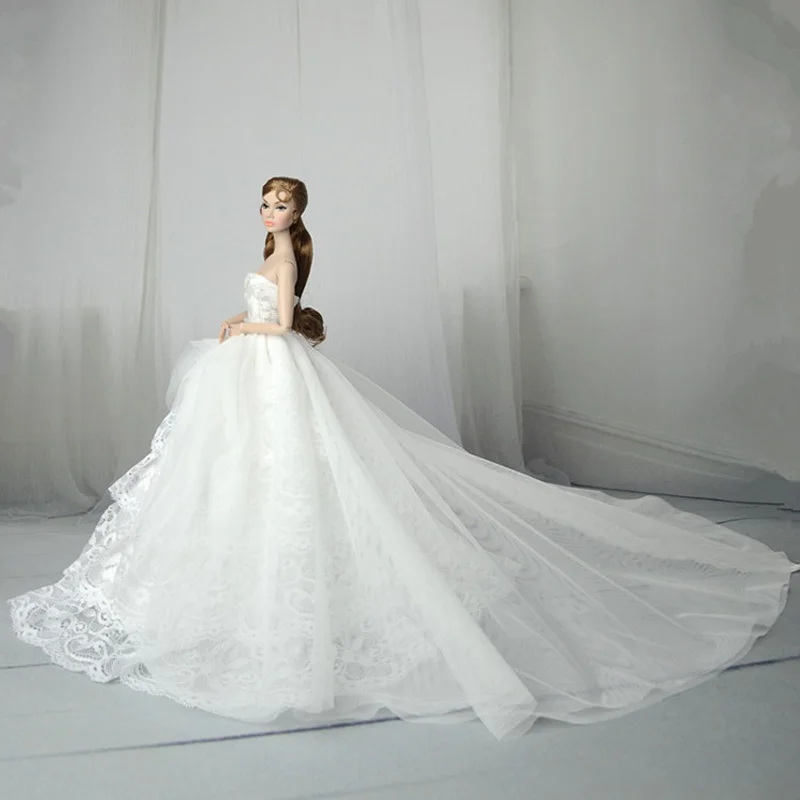 Белое кружевное свадебное платье ручной работы для куклы Барби, наряды принцессы, вечерние платья, бальные свадебные платья, аксессуары для куклы