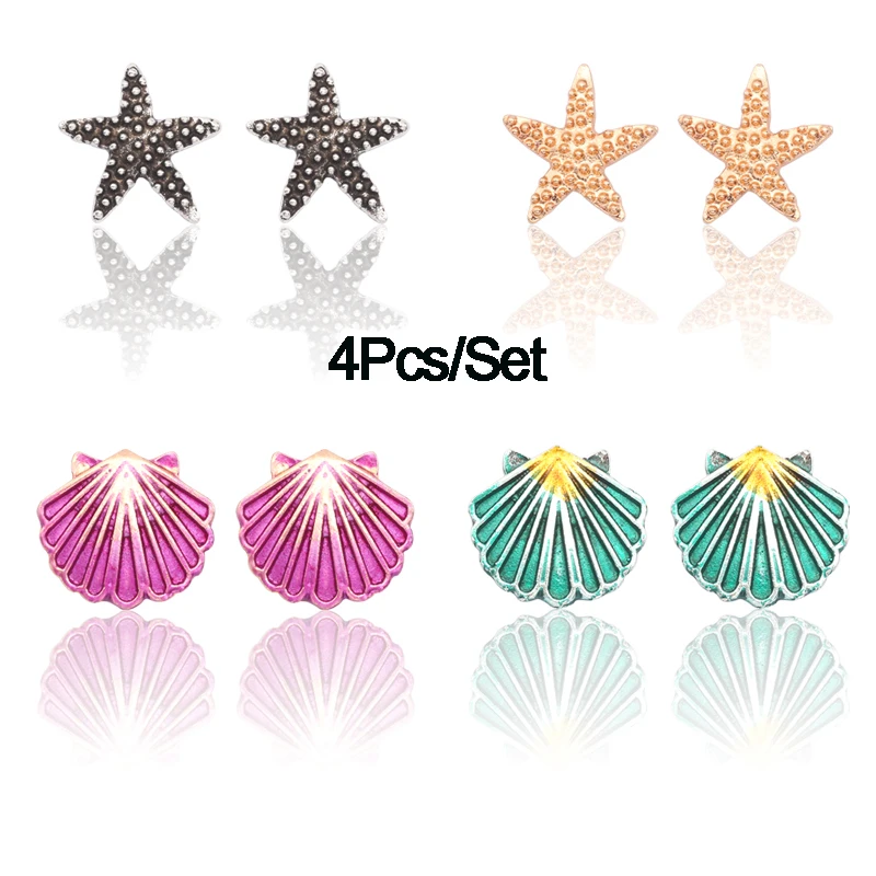 

Fashion Earrings Sets Colorful Starfish Shell Earrings For Women 4 Pair Conch Sea Star Stud Earings Jewelry Brincos