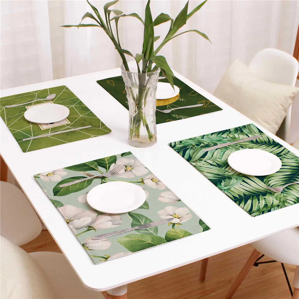 

Green Plants Placemat Pad Dining Table Linen Cotton Mat Waterproof Heat Insulation Non Slip Placemats Bowl Coaster Decor 44X28CM