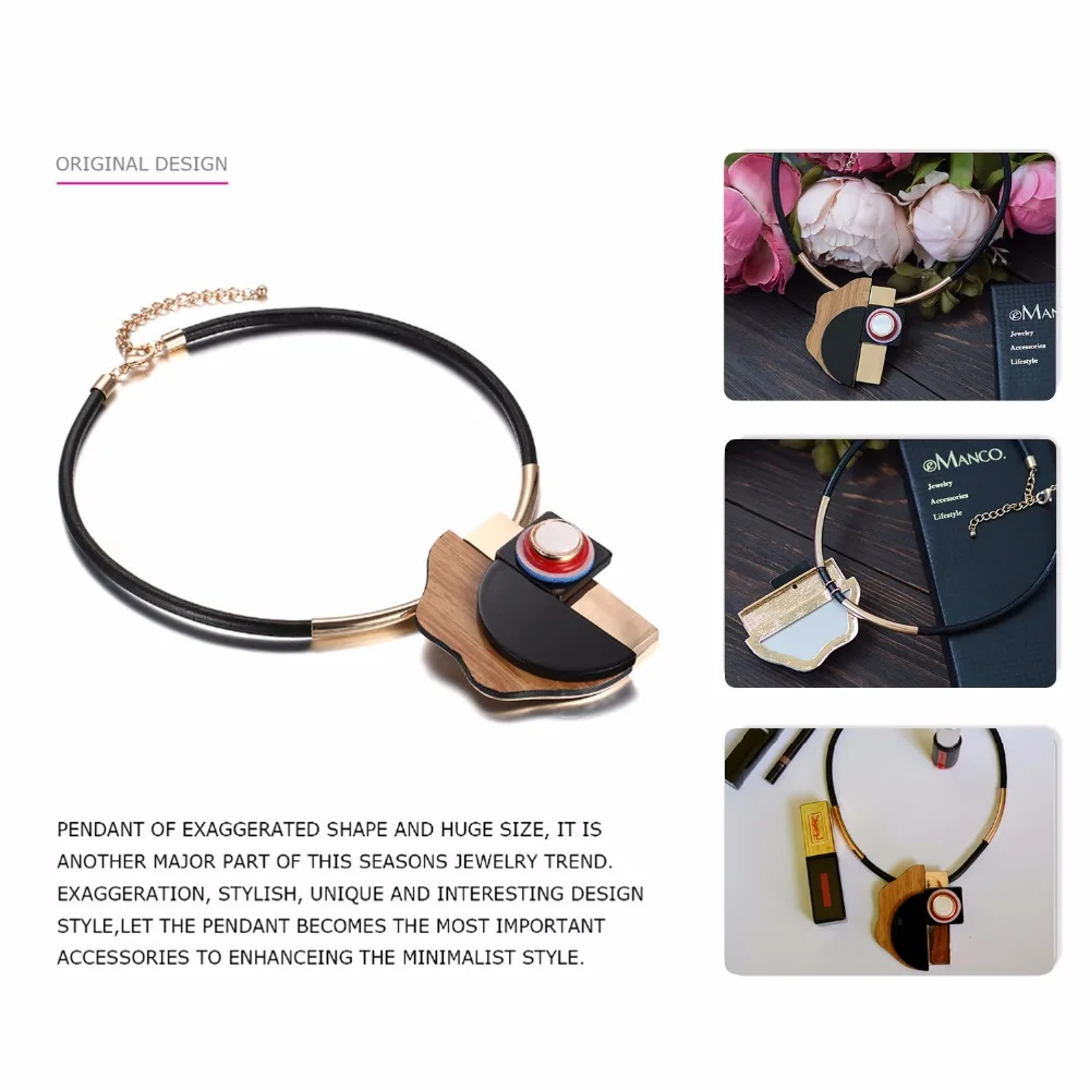 eManco Big Plank Geometric Collar Necklace&Pendant Women Resin Wood Rope Alloy Summer Fashion Jewelry