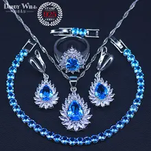 Продвижение Синий Циркон Серебро 925 Свадебные Ювелирные наборы женские амулеты Браслеты, подвесные колье серьги кольца набор с камнями